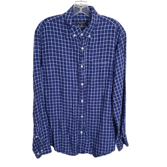 Banana Republic Mens Size L Shirt 100% Linen Camden Standard Fit Windowpane Blue - Picture 1 of 12